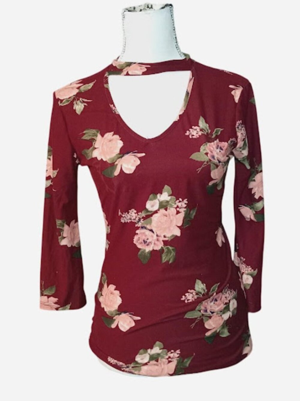 womans medium maroon bodycon floral top